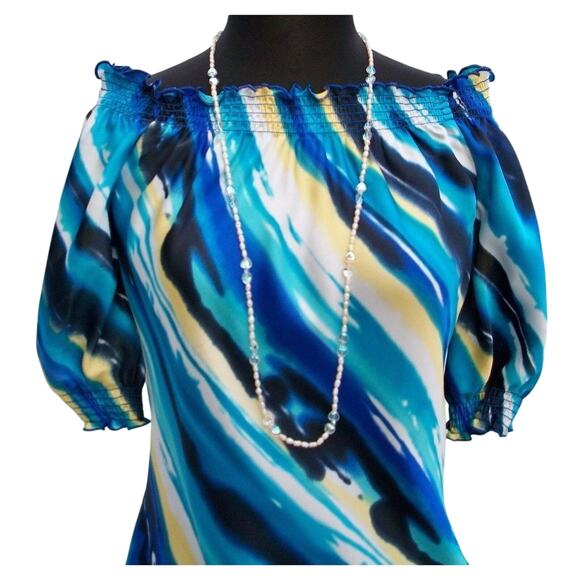 Cache Blue Black Tan Peasant BOHO Chic Art Stripe Top Wear Off Shoulder NWT $108 - Picture 2 of 4